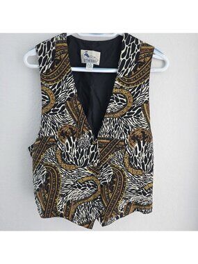 Vintage Olympia Silk Vest Womens M Black Gold Paisley Animal Print